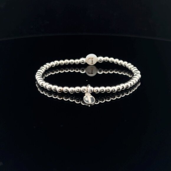 925 Sterling Silver Beaded Stretch Stacking Bracelet MOP Letter Initial L - Picture 5 of 6